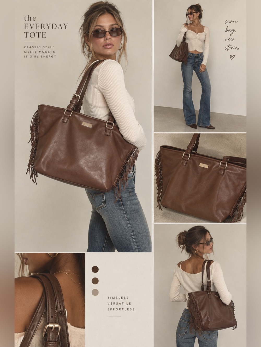 BCBG Paris Brown Faux Leather Fringe Shopper Tote 🤎Y2K It Girl Boho Shoulder Bag